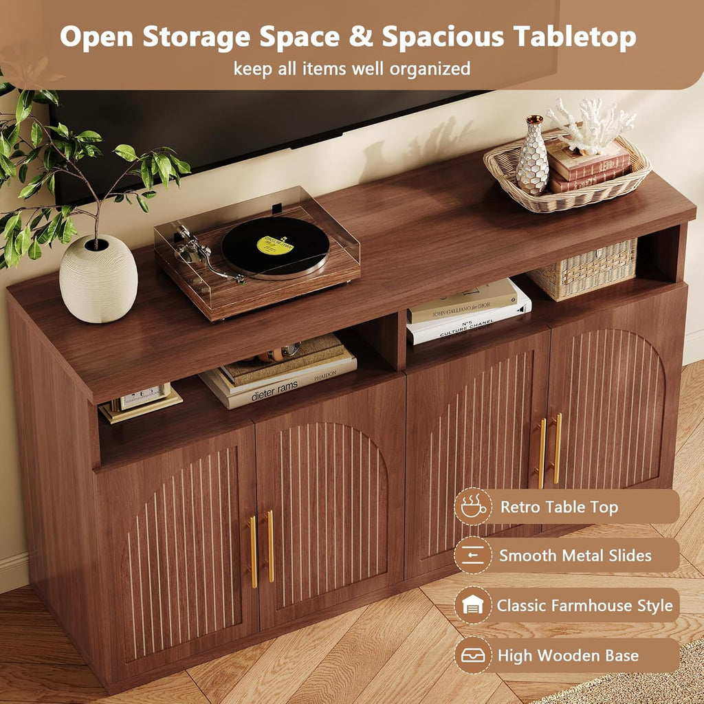 Fluted Buffet Cabinet with Storage, 63" Wide Wood Sideboard Credenza with 4 Doors & Open Storage Shelf, Modern Kitchen Entryway Accent Table for Dining Room Living Room, Kitchen, Hallway, Walnut