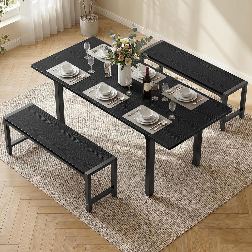 Ahomly 63“ Large Extendable Dining Table Set for 4-6 with 180° Smart-Flip Pivot, Kitchen Table Set with Bench, Dining Room Table with Metal Frame & MDF Board, Perfect for Small Space, Black