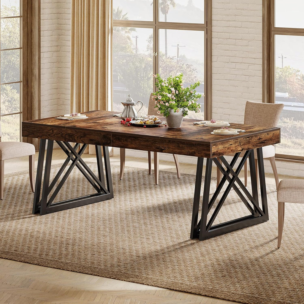 Tribesigns 63-Inch Dining Table for 4-6, Industrial Farmhouse Kitchen Table with Reinforced X-Shaped Metal Legs for Dining & Living Room, Kitchen, Vintage Brown and Black