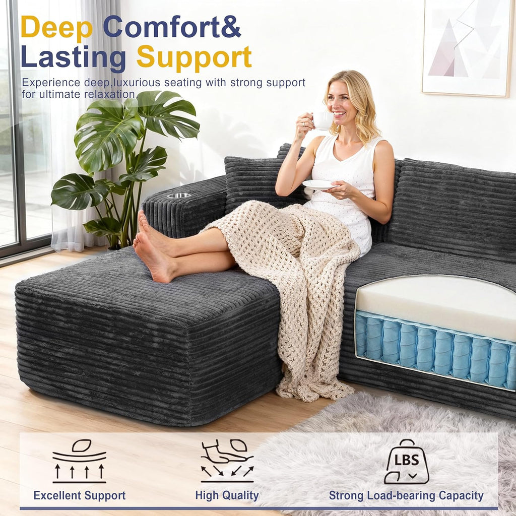 Shintenchi 103" Boneless Couches for Living Room with 2 Cup Holders,L Shaped Modular Sectional Sofa Set,No Assembly Needed Plush Corduroy Living Room Set,Dark Gray