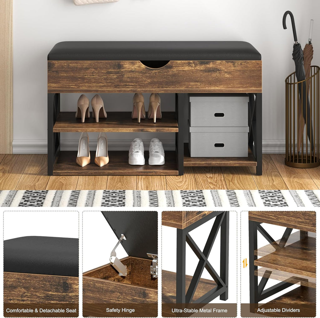 Shoe Rack Bench with Lift Top Hidden Storage, Mid-Century Modern Entryway Bench with Shoe Storage Leather Cushion, Adjustable Shelf, Wood Shoe Organizer for Bedroom, Living Room, Closet, Brown