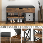 Shoe Rack Bench with Lift Top Hidden Storage, Mid-Century Modern Entryway Bench with Shoe Storage Leather Cushion, Adjustable Shelf, Wood Shoe Organizer for Bedroom, Living Room, Closet, Brown