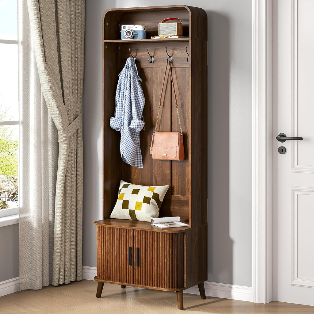 LUVIOHOME Hall Tree with Shoes Bench and Storage, Entryway 66.9" Storage Bench with Coat Rack，Arch Coat Rack with 4 Hooks and 2 Fluted Doors，Multi-Purpose Home Organizer (Walnut)