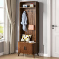 LUVIOHOME Hall Tree with Shoes Bench and Storage, Entryway 66.9" Storage Bench with Coat Rack，Arch Coat Rack with 4 Hooks and 2 Fluted Doors，Multi-Purpose Home Organizer (Walnut)