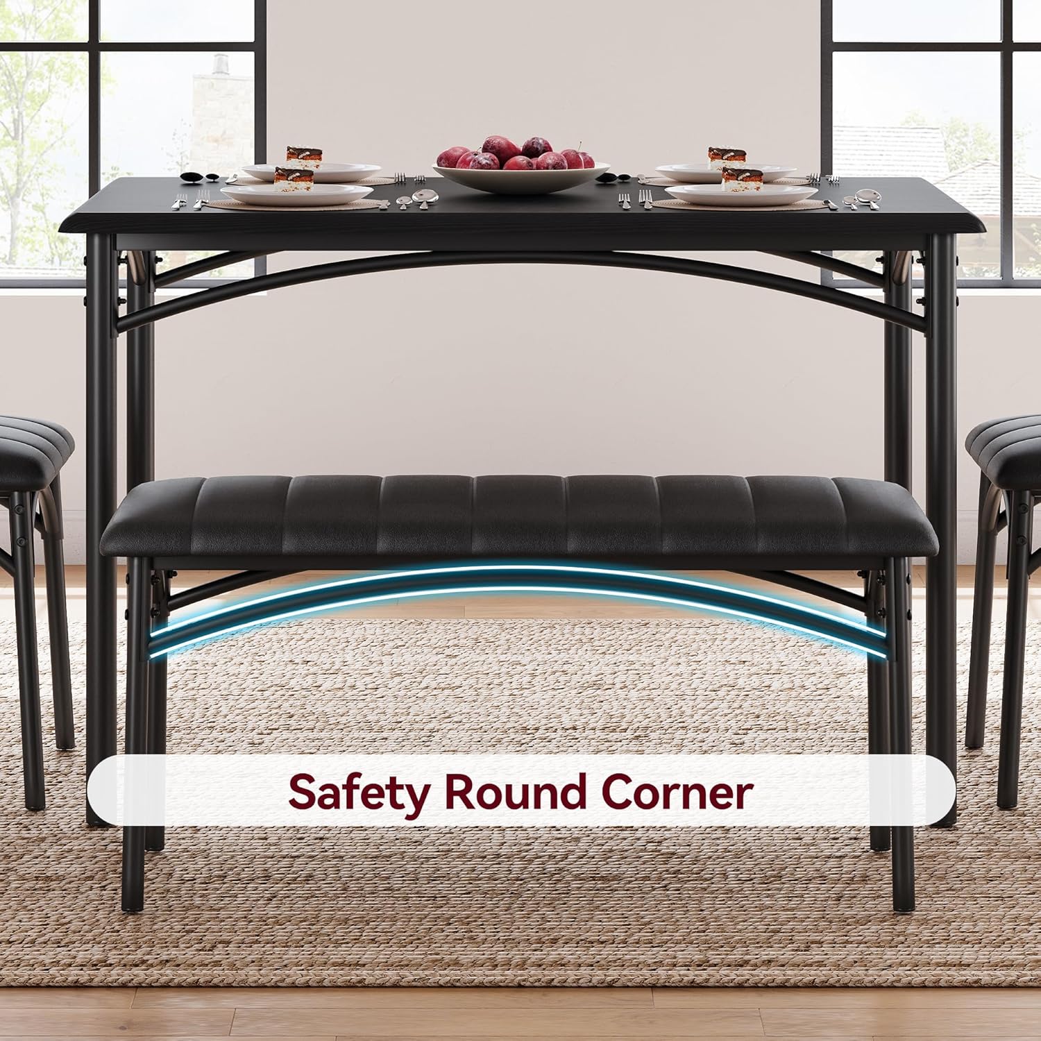 GarveeHome Dining Table Set for 4, Kitchen Table with Upholstered Chairs and Bench, Wood Rectangular Dining Table and Chairs Set for Small Space, Apartment, Dinner, Rustic Black