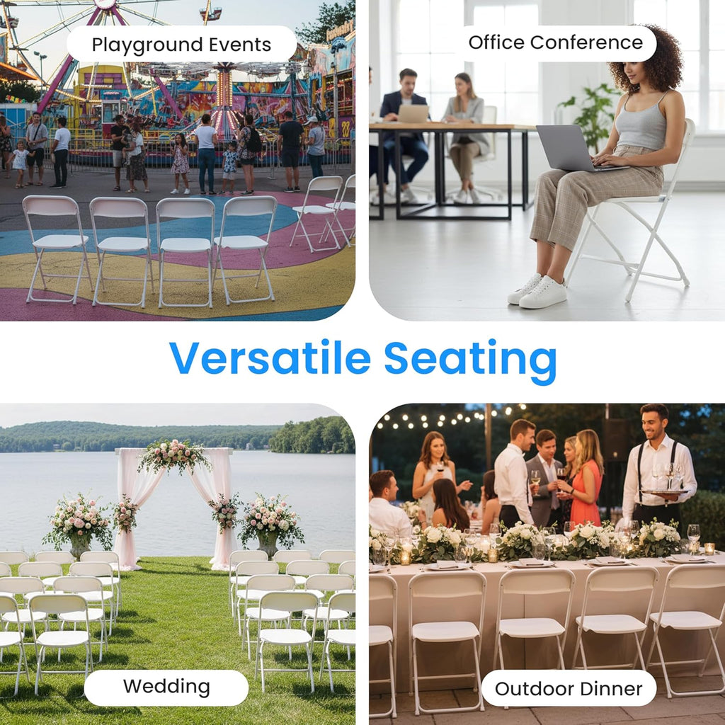 HealSmart Set of 10 Plastic Folding Chairs, Portable Stackable Seats with Reinforced Metal Frame, 330 Lbs Load Capacity, Multipurpose Furniture for Wedding Party Picnic Office Indoor Use, White