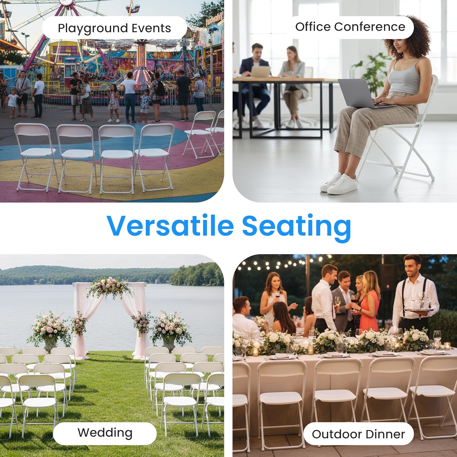 HealSmart Set of 10 Plastic Folding Chairs, Portable Stackable Seats with Reinforced Metal Frame, 330 Lbs Load Capacity, Multipurpose Furniture for Wedding Party Picnic Office Indoor Use, White