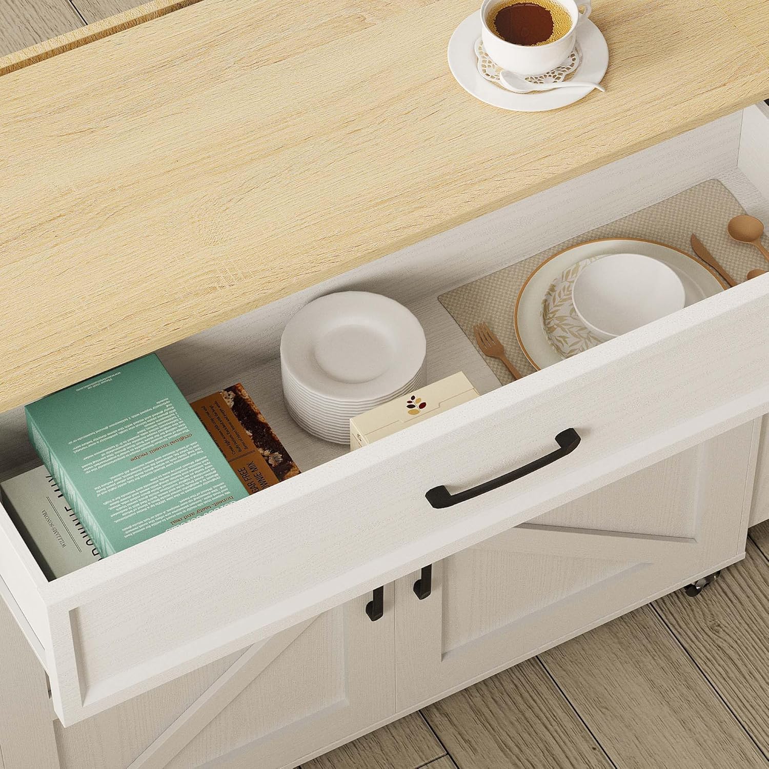 IRONCK Kitchen Island Table with Storage, Rolling Kitchen Cart with Power Outlet, Storage Cabinets on Wheels with Drop Leaf, Portable for Dining Room, White