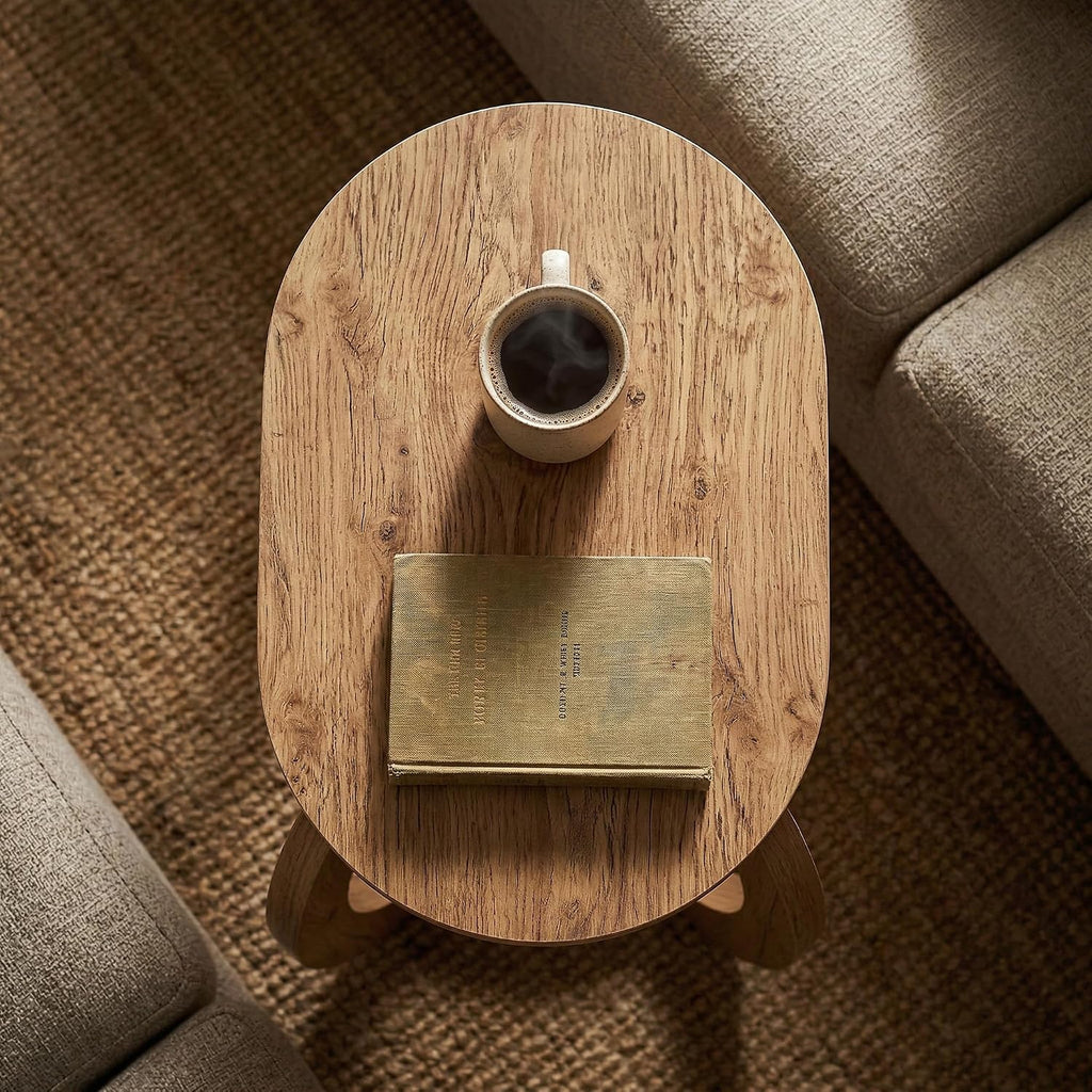 Modern Oval C-Shaped Side Table, Curved Wood End Table