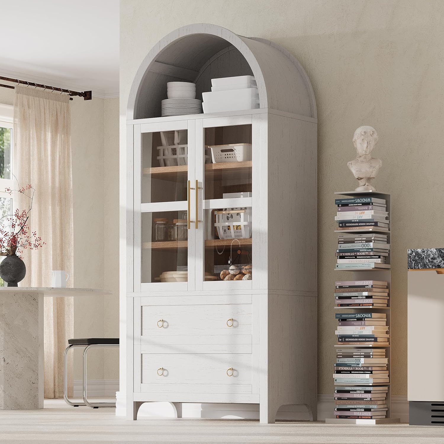 71" Tall Arched Kitchen Pantry Cabinet with 2 Drawers, Farmhouse Kitchen Storage Cabinet with Adjustable Shelves, Tempered Glass Door, Cupboard for Kitchen, Dining Room, Retro White
