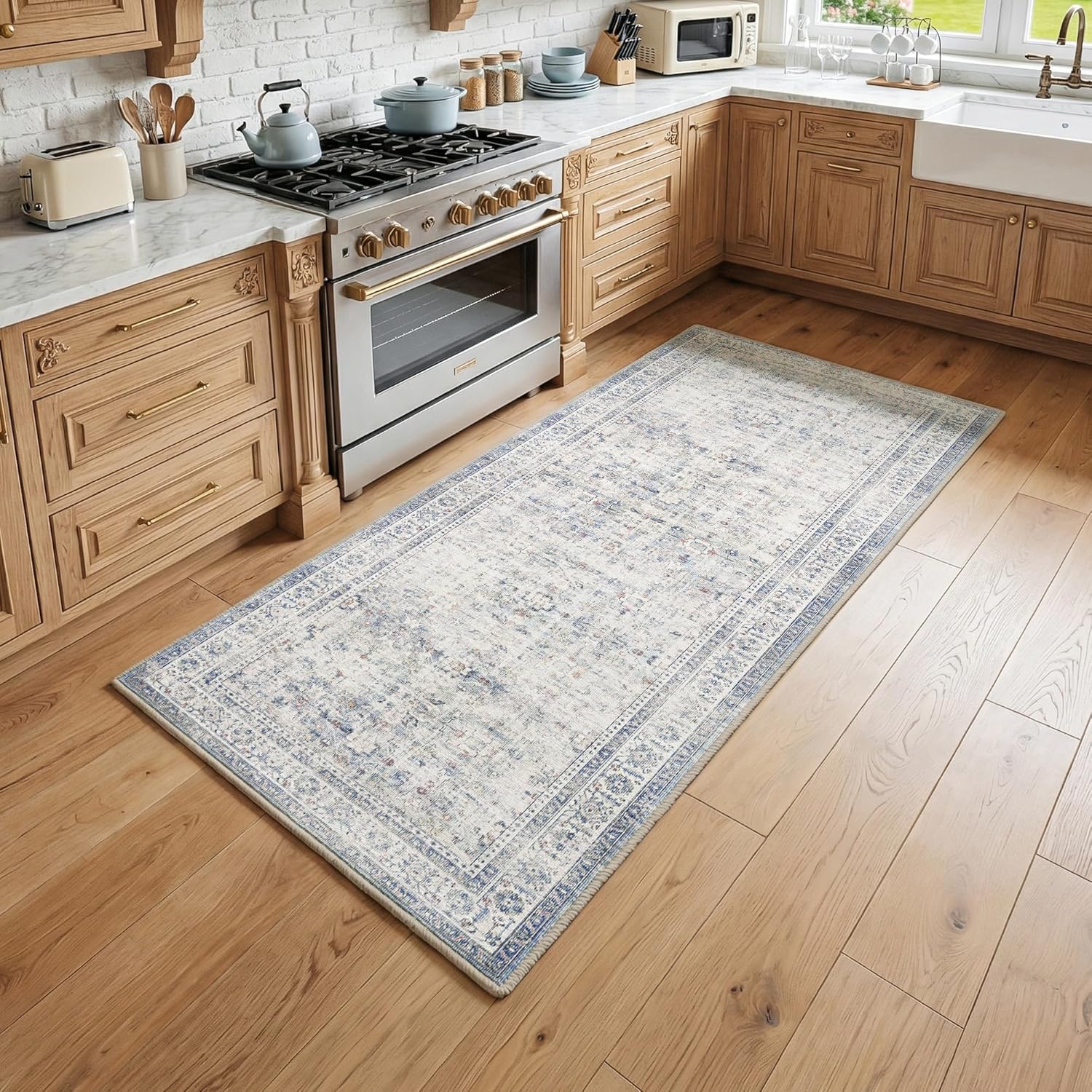 FMFUNCTEX 2x6 Hallway Runner Rug Blue Neutral Vintage Washable Distressed Non Slip Low Pile Oriental Indoor Carpet Soft Retro Entryway Rug for Kitchen Laundry Entrance Entry Living Room Bedroom