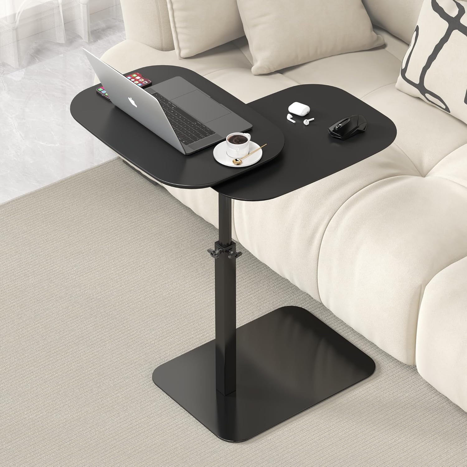 Adjustable Height C Shaped Side Table, 360°Swivel C Shaped End Table, Double Tabletop Laptop Stand, Couch Side Tables that Slide Under,Rotating Small Coffee Table for Sofa/Bed (Black)