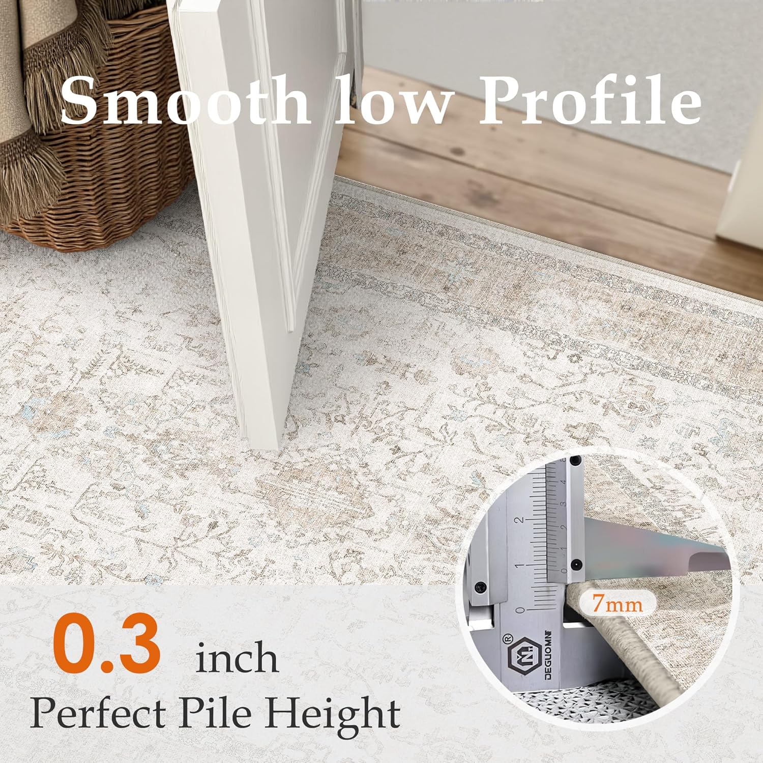 PureCozy 8x10 Washable Neutral Area Rug Beige Vintage Large Carpet for Living Room Non-Slip Low Pile Retro Floral Farmhouse Accent Throw Rugs for Bedroom Office Nursery Dorm Dining Room