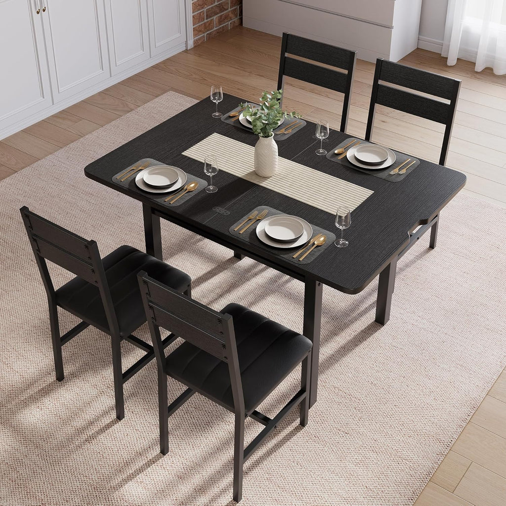 MapleGrace Dining Table Set for 4, Extendable Kitchen Table with 4 PU Leather Upholstered Dining Room Chairs, Wood Kitchen Table Set with Built-in Storage Rack for Dining & Small Spaces, Black