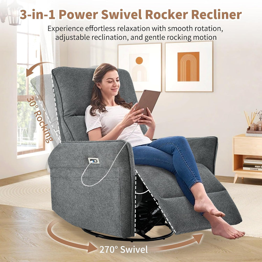 270° Power Swivel Rocker Recliner Chair, Rocking Chair Nursery, Electric Recliners for Small Spaces, Single Sofa Recliner for Living Room, Bedroom, RV (Fabric, Dark Gray+270°Swivel)