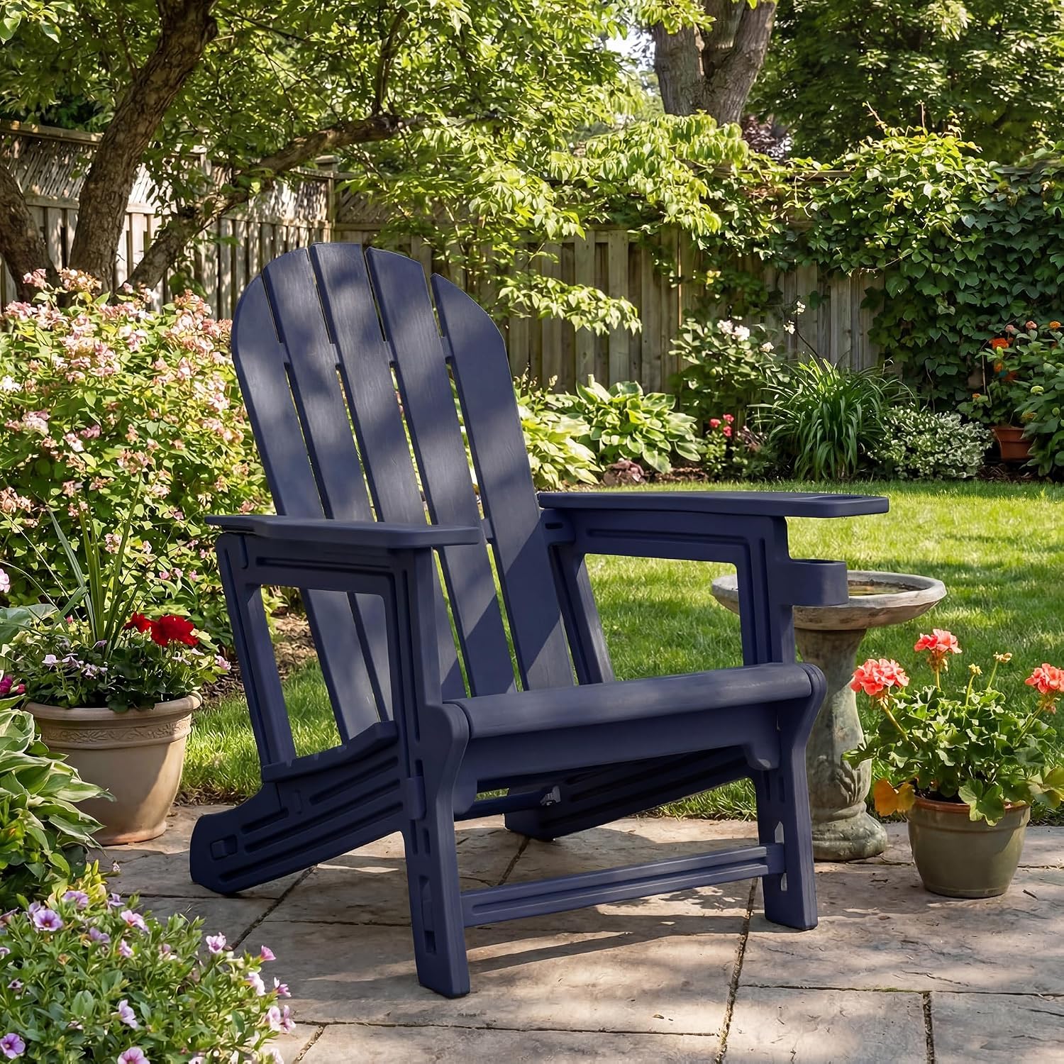 HOMPUS Outdoor Adirondack Chair, Patio HDPE Chair with Cup Holder, Solid Garden Chair Weather Resistant, Fire Pit Chair, Plastic Patio Chair for Deck,Garden, Wood Textured-Blue