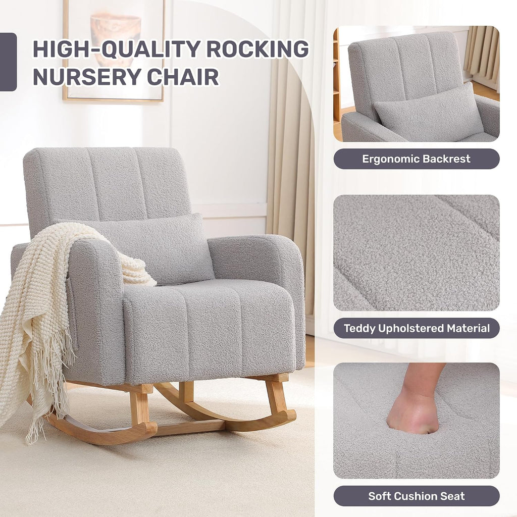 HCHAIRH Nursery Rocking Chair with Ottoman, Upholstered Glider Rocker with High Backrest Side Pocket, Rocking Accent Armchair with Solid Wood Legs for Nursery, Living Room, Bedroom, Light Grey