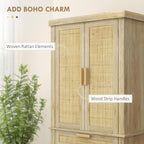72" Tall Pantry Cabinet with Rattan Decorated Panel, Freestanding Kitchen Storage Cabinet with 4 Doors, Drawer, 5-Tier Shelf and Adjustable Shelves, Oak,15.8 * 30 * 72