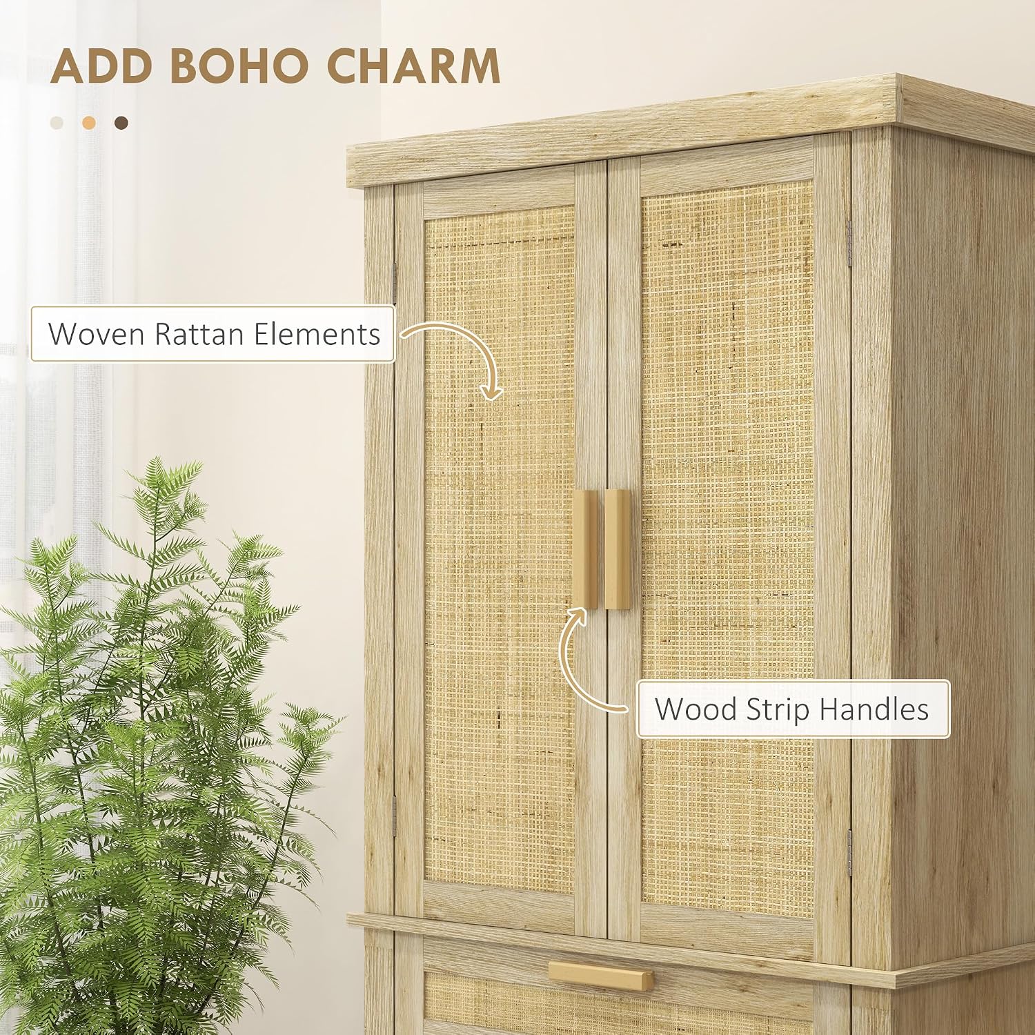 72" Tall Pantry Cabinet with Rattan Decorated Panel, Freestanding Kitchen Storage Cabinet with 4 Doors, Drawer, 5-Tier Shelf and Adjustable Shelves, Oak,15.8 * 30 * 72