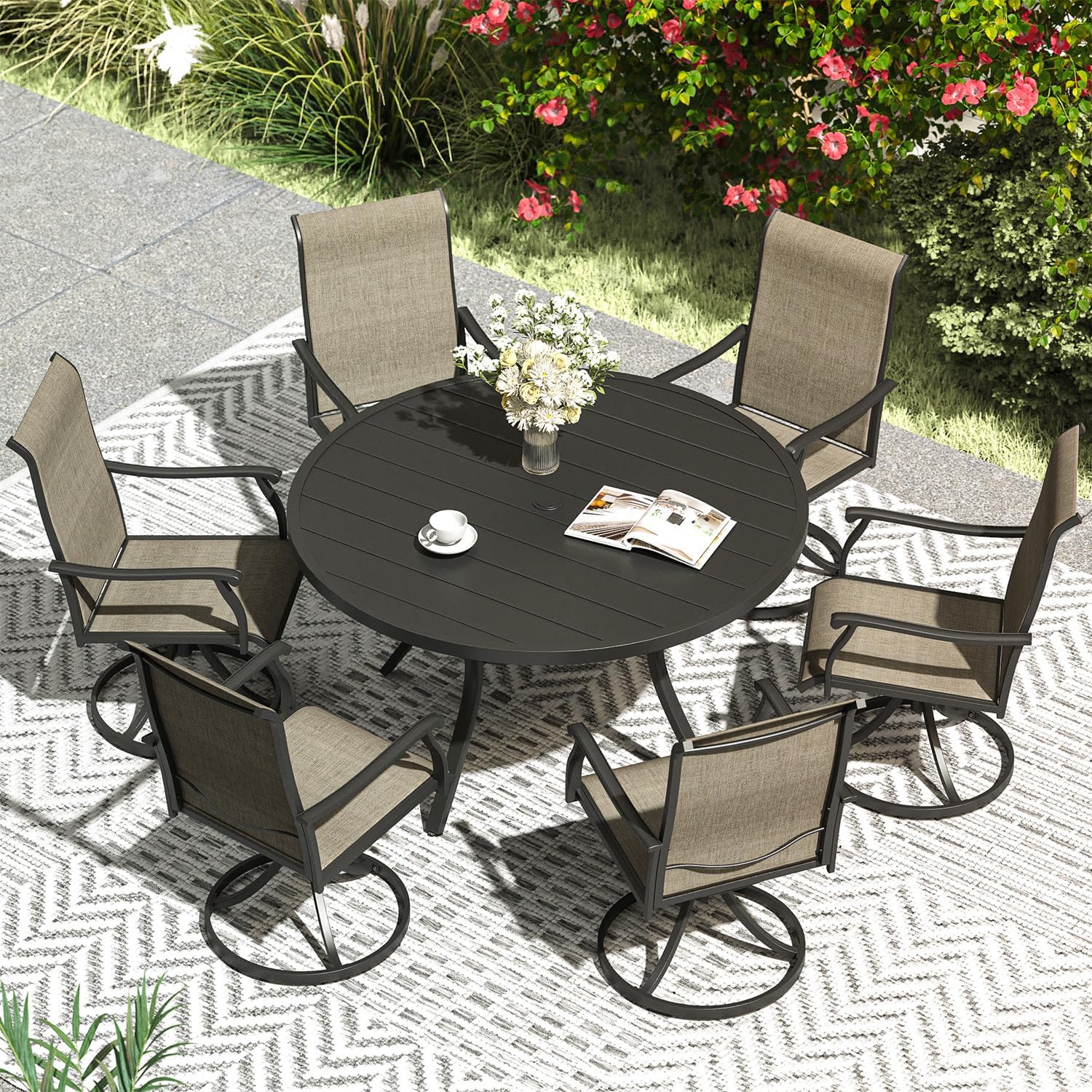 VICLLAX 47.2" Outdoor Round Patio Table for Lawn Garden, All Weather Metal Round Patio Dining Table with Adjustable Umbrella Hole, 6 Person Patio Table, Black Tabletop