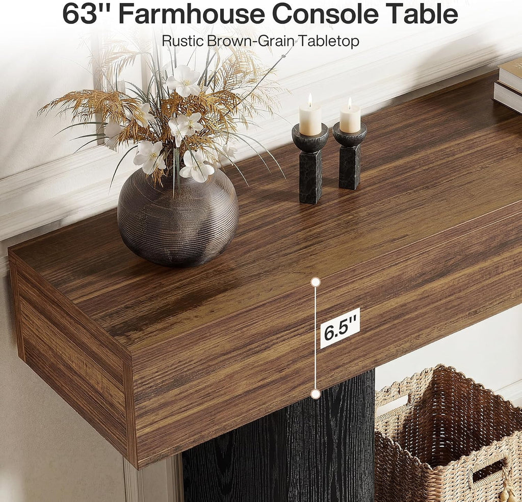 Tribesigns 63" Console Table, Farmhouse 2-Tier Entryway Table with U-Shaped Base, Narrow Long Wood Behind Couch Table for Living Room, Hallway, Foyer, Dark Brown & Black