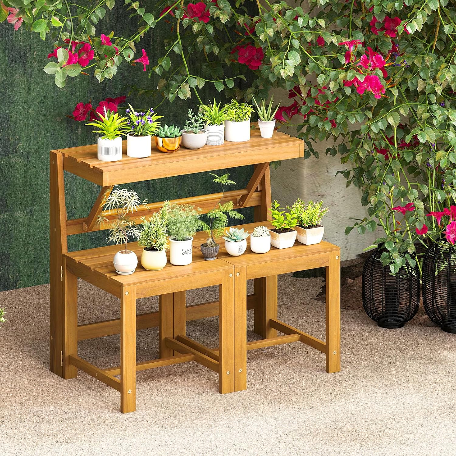 HAPPYGRILL 3-in-1 Acacia Wood Outdoor Dining Table Bench Set, with 2 Built-in Chairs, Plant Stand, Patio Bench Table for Backyard Garden