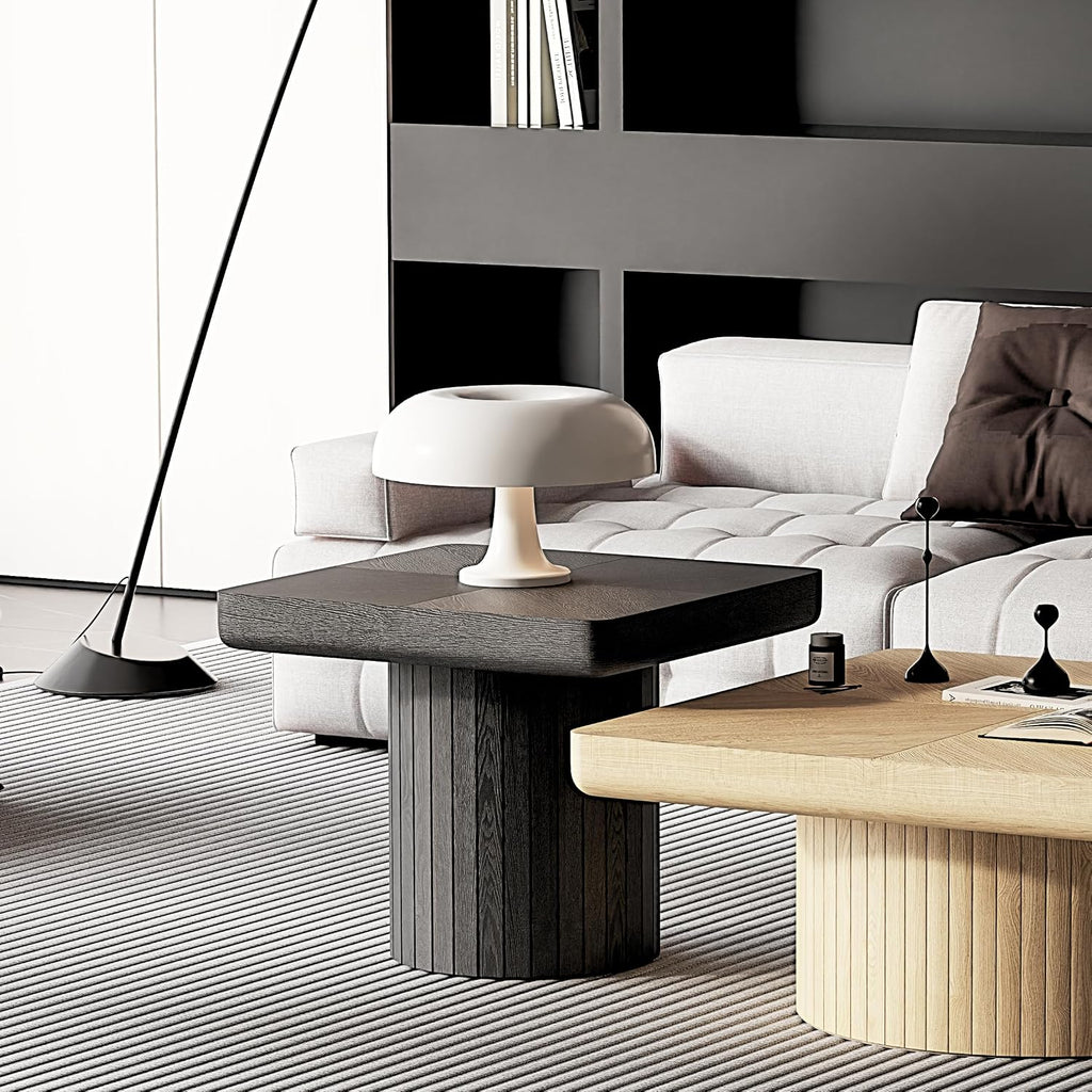 GOWE 23.6'' Modern Solid Wood Veneer End Table, Minimalist Square Side Table with Parquet Pattern, Grooved Cylindrical Base & Thickened Tabletop, Compact Accent Table for Living Room, Matte