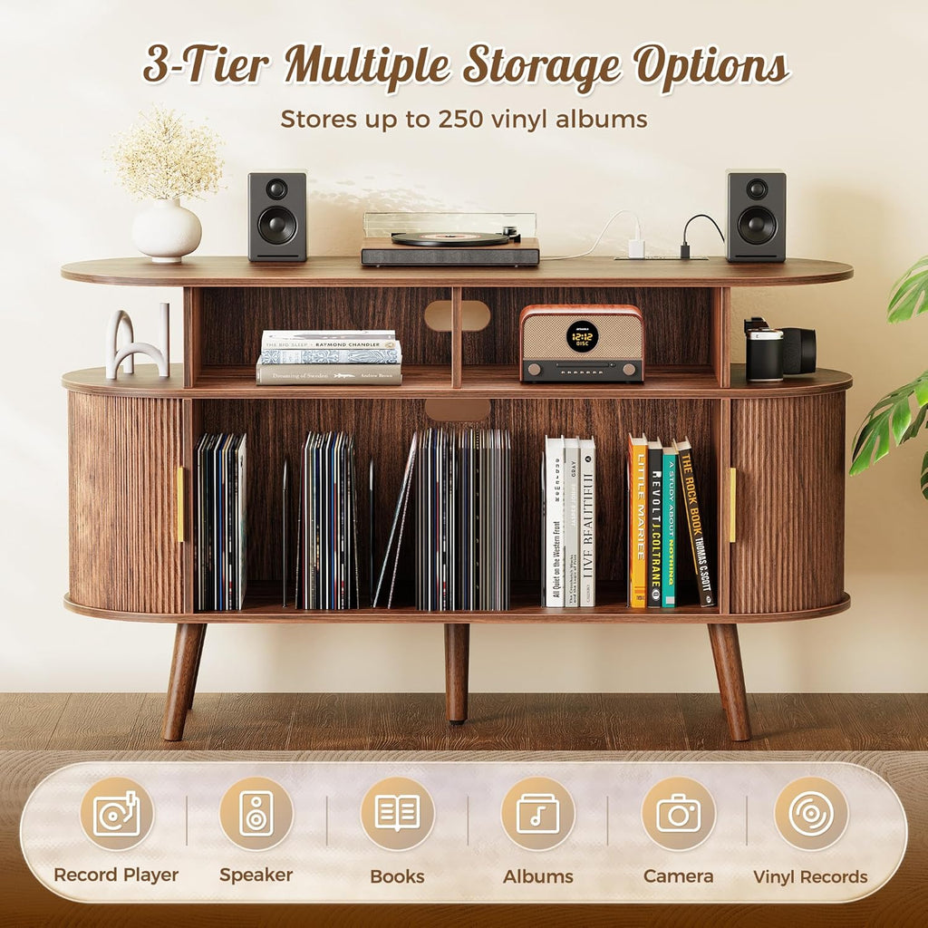 PRAISUN 47.2 Inch Large Record Player Stand with Power Outlets & 3-Color Lights, Vinyl Record Stand with 2 Fluted Cabinets, USB-C Port, Mid Century Modern Player Stand, Open Storage, Walnut