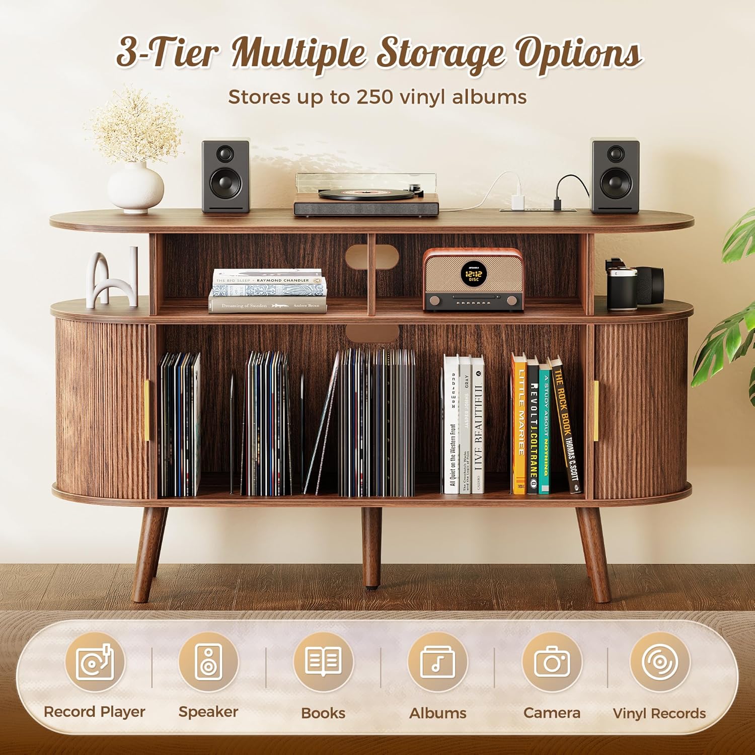 PRAISUN 47.2 Inch Large Record Player Stand with Power Outlets & 3-Color Lights, Vinyl Record Stand with 2 Fluted Cabinets, USB-C Port, Mid Century Modern Player Stand, Open Storage, Walnut