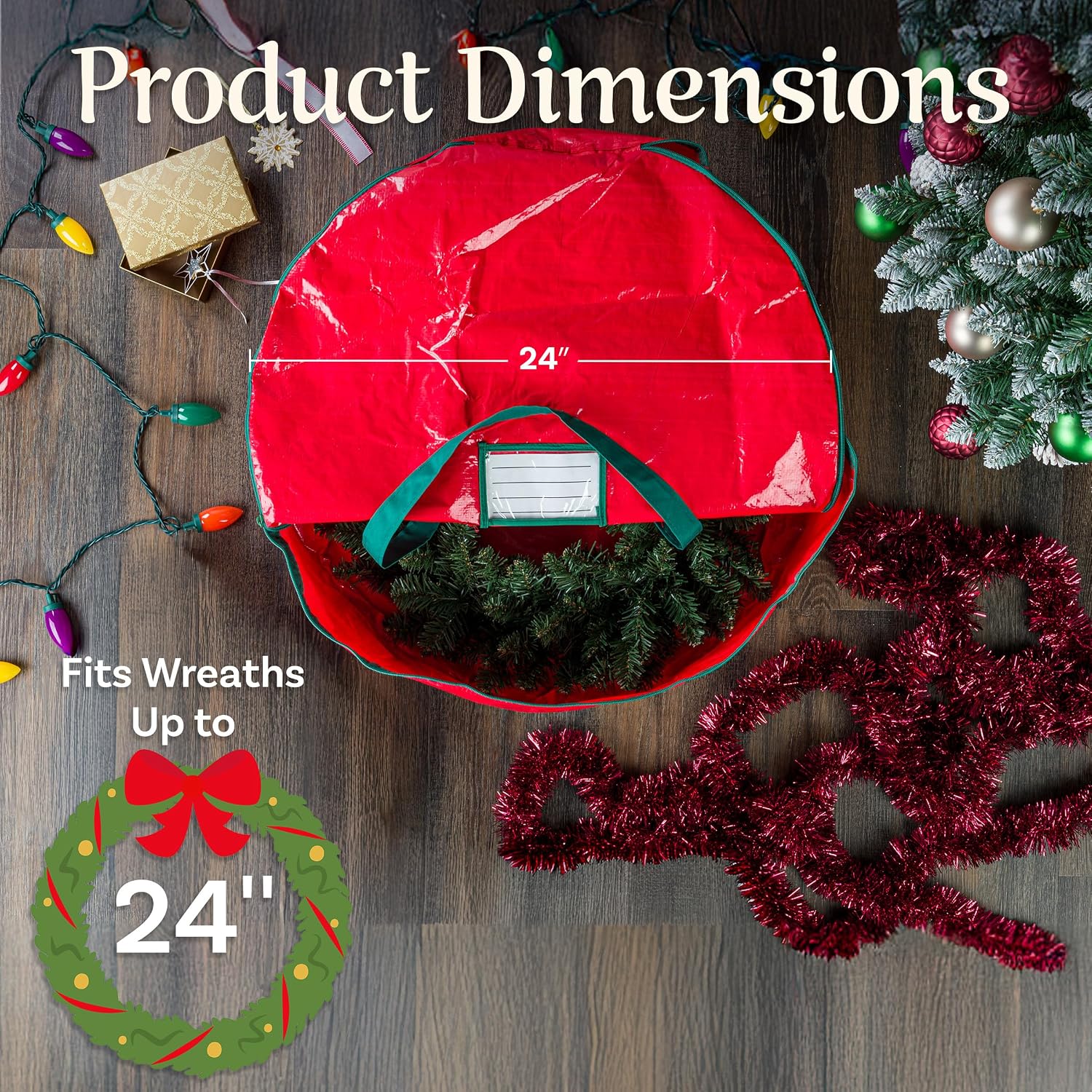 Wreath Storage Bag - 24-inch Organizer for Artificial Christmas Wreaths and Garland - Holiday Themed Tote with Green Handles by Tiny Tim Totes (Red)