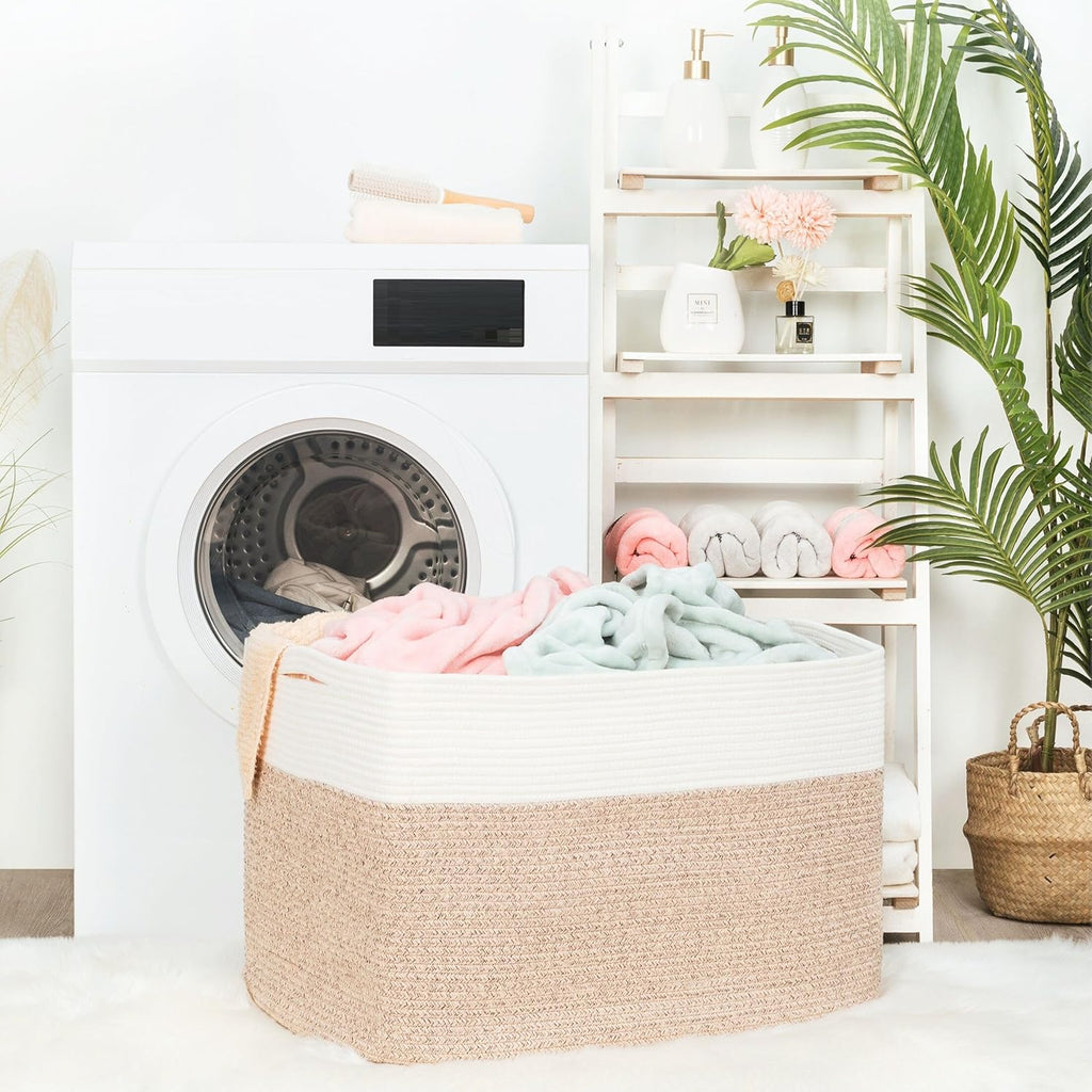 MINTWOOD Design 112L Extra Large Blanket Basket Holder Living Room, 25"x17"x16" Rectangle Rope Woven Storage Basket with Handles for Laundry, Pool Towels, Shoes, Dog Toy Organizer Bin Box, Light Brown