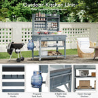 64.9" H Outdoor Potting Bench Table with Lockable Wheels, Solid Wood Outdoor Cabinet with Upper Hutch, Towel Rack,Outdoor Storage for Lawn Garden, Grey Blue