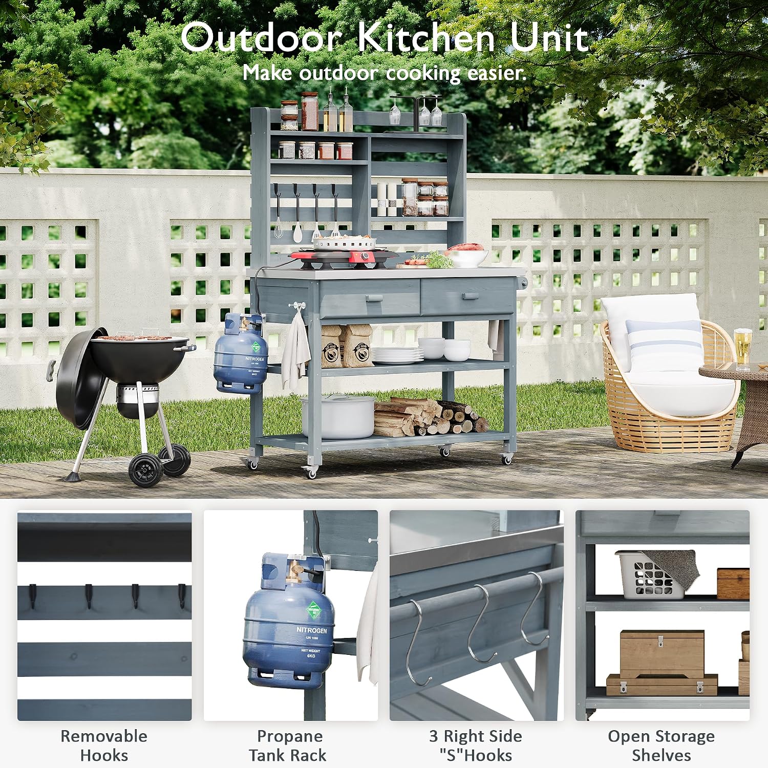 64.9" H Outdoor Potting Bench Table with Lockable Wheels, Solid Wood Outdoor Cabinet with Upper Hutch, Towel Rack,Outdoor Storage for Lawn Garden, Grey Blue