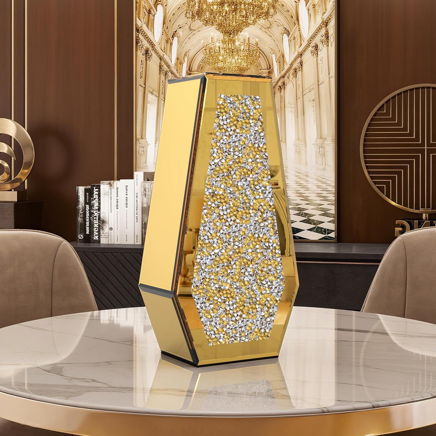 Luxury Crystal Glass Flower Vase Crushed Diamond Vase, Gold Mirror Finish, 14 inches Tall, Decorative Rhinestone Centerpiece for Home