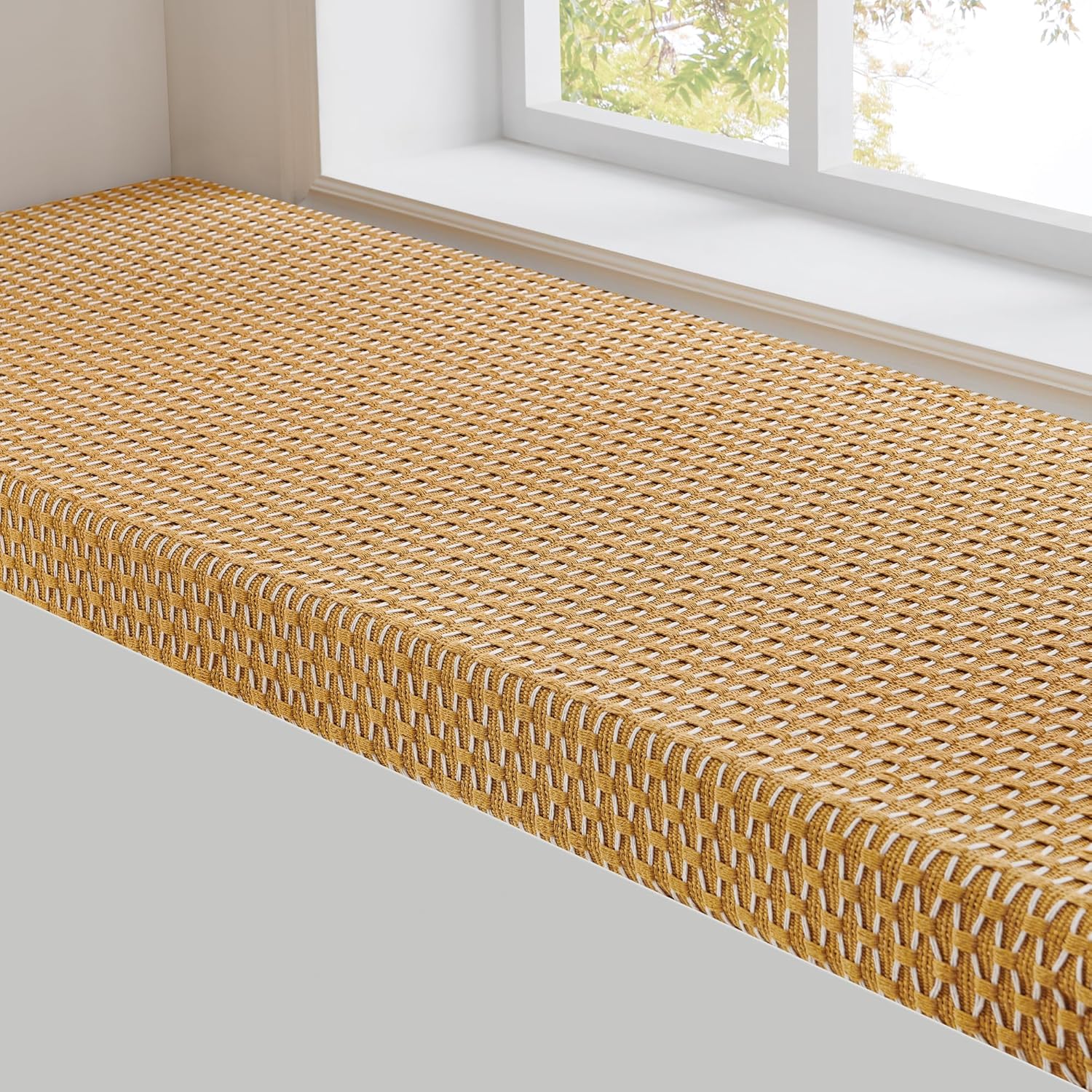 Custom Window Bench Seat Cushion Heavy Wicker Weaving Texture Customized Bay Window Sill Seating Foam Cushions for Indoor Furniture, Mudroom Entryway, Reading Kitchen Breakfast Nook, Non Slip Bottom