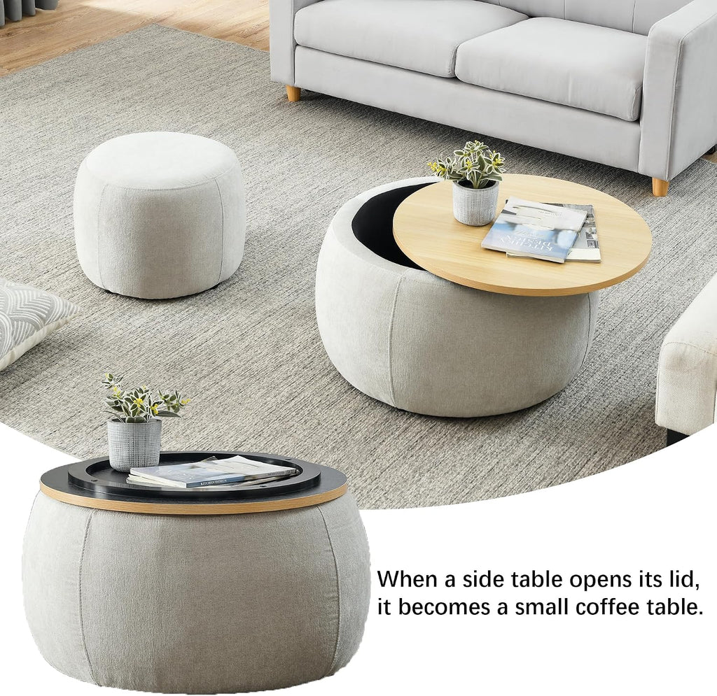 2-Piece Set Round Chenille Storage Ottoman, Equipped with a Drum Shaped Small Stool, Storage Space, and MDF Made Desktop Panel (Light Grey, 25"x25"x14.7")