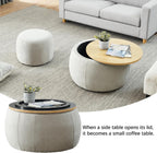 2-Piece Set Round Chenille Storage Ottoman, Equipped with a Drum Shaped Small Stool, Storage Space, and MDF Made Desktop Panel (Light Grey, 25"x25"x14.7")