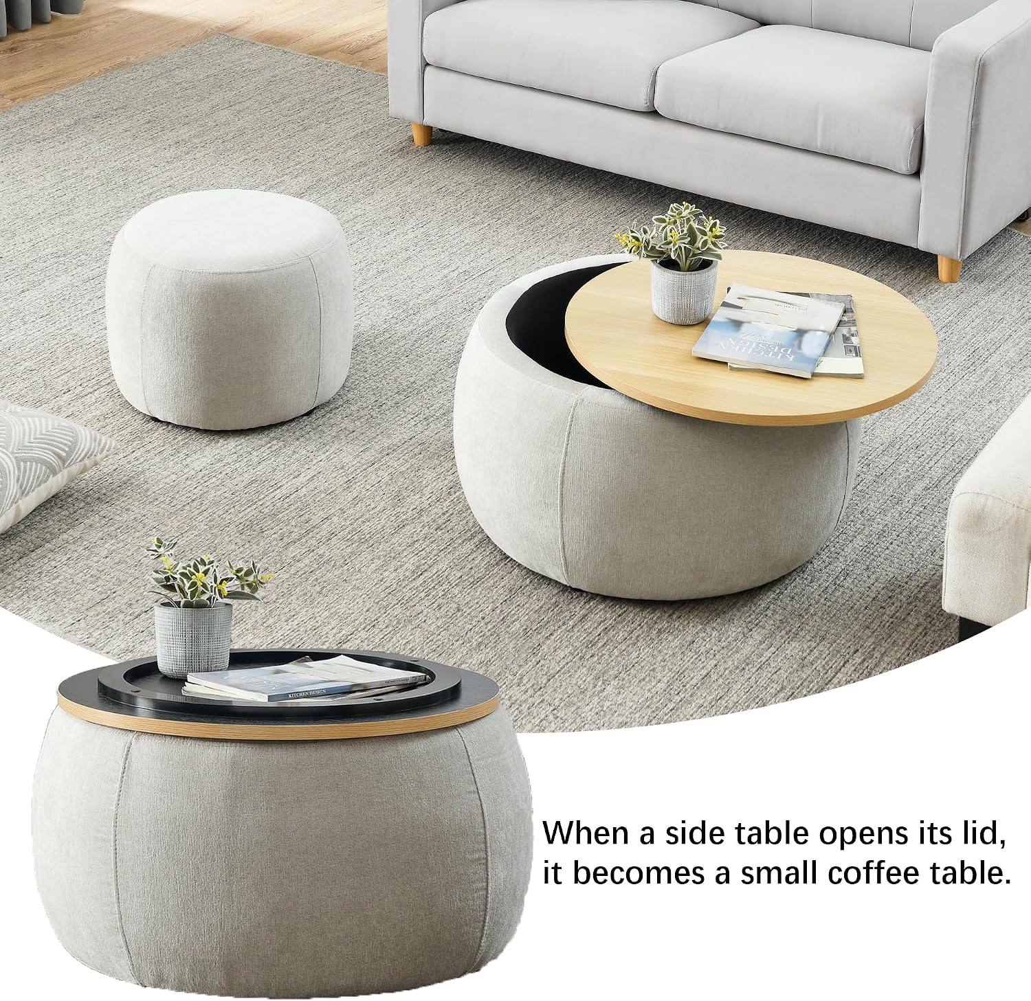2-Piece Set Round Chenille Storage Ottoman, Equipped with a Drum Shaped Small Stool, Storage Space, and MDF Made Desktop Panel (Light Grey, 25"x25"x14.7")