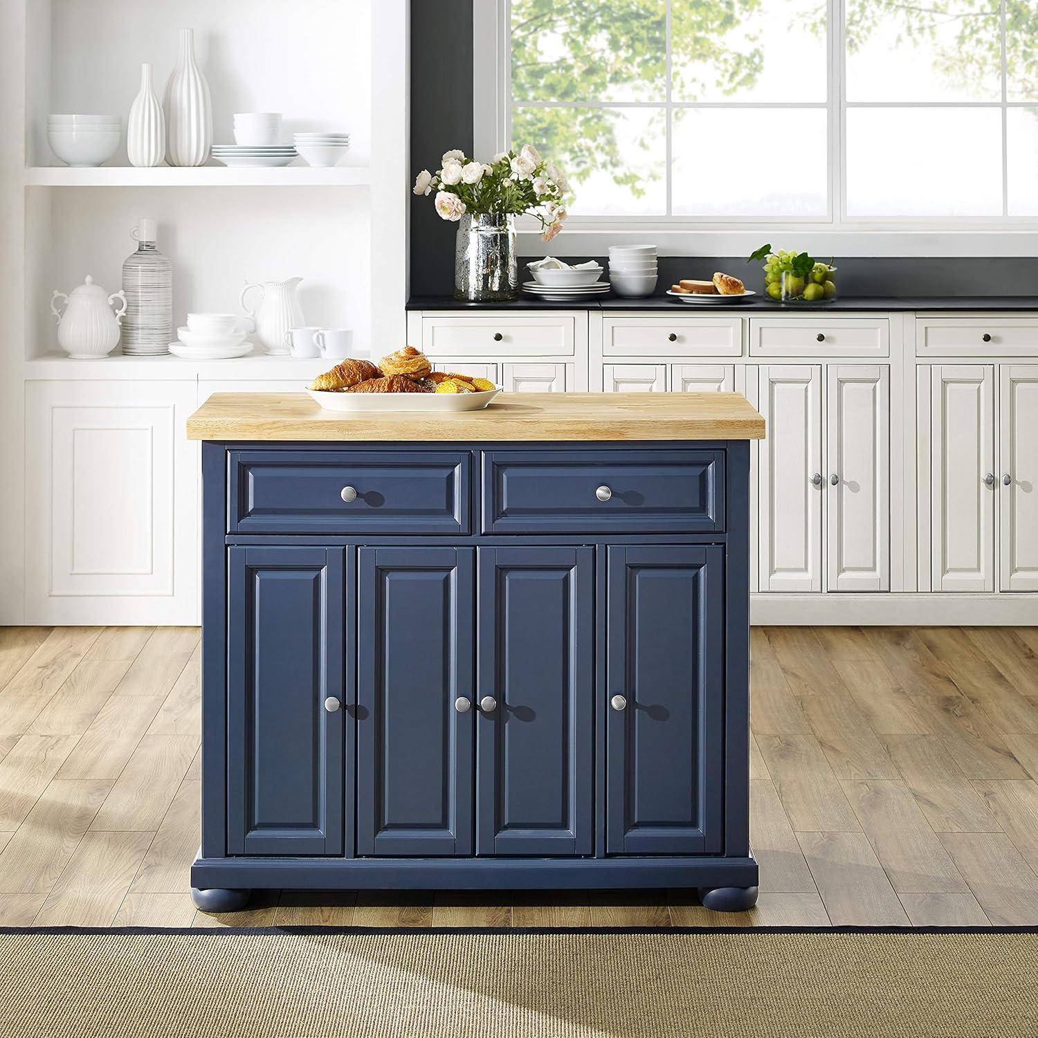 Crosley Furniture Madison Madison Kitchen Island, Microwave Stand, Coffee Bar, with Storage Shelves and Drawers, Navy