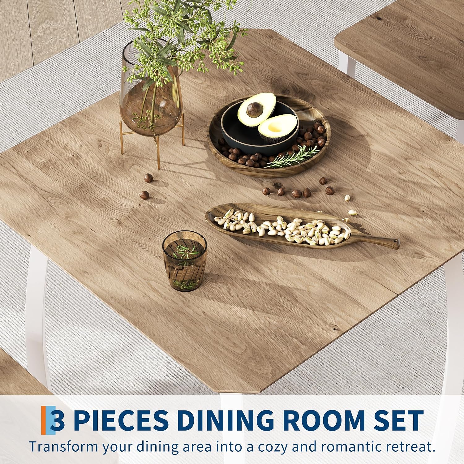 Garvee 3 Piece Dining Table Set for 2, Farmhouse Kitchen Table and Chair, Metal Frame Square Dining Room Table Set for Small Space, Apartment, Studio, White & Natural