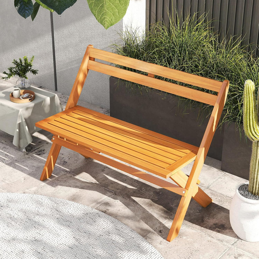 Tangkula Foldable Acacia Wood Outdoor Bench, 2-Person Patio Garden Bench with 800 lbs Capacity, Outside Loveseat Seating for Porch, Balcony, Yard & Park