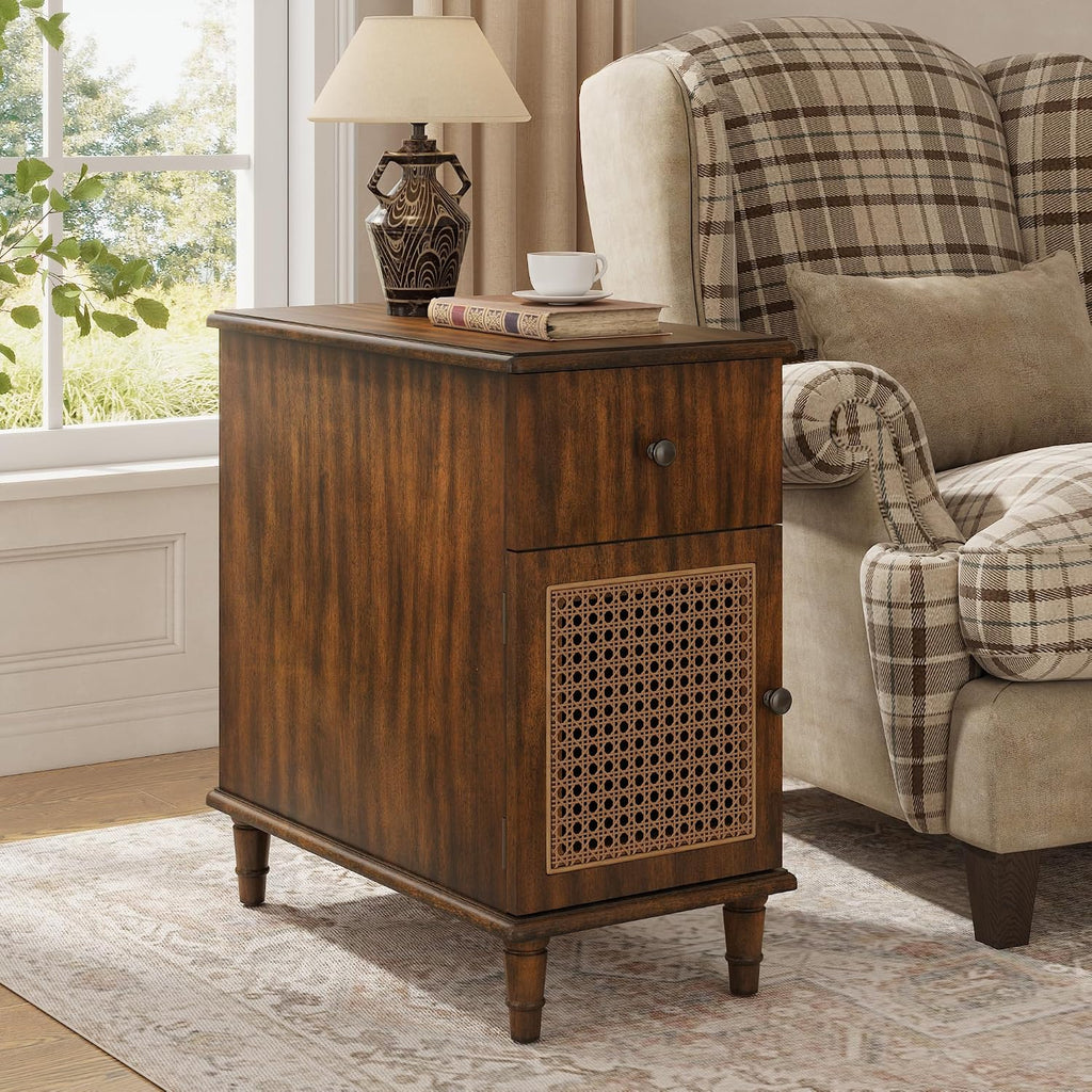 Solid Wood Rattan Narrow End Table, Narrow Nightstand with Drawer and Storage Tier Vintage Walnut Rattan Side Table Compact Bedside Table for Corner Small Space Bedroom, 22" Dx11.8 Wx22.8 H