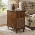 Solid Wood Rattan Narrow End Table, Narrow Nightstand with Drawer and Storage Tier Vintage Walnut Rattan Side Table Compact Bedside Table for Corner Small Space Bedroom, 22" Dx11.8 Wx22.8 H