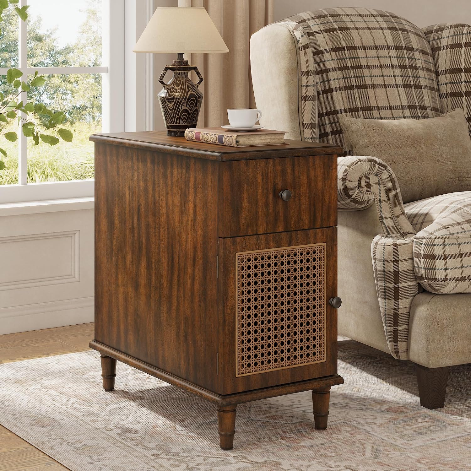 Solid Wood Rattan Narrow End Table, Narrow Nightstand with Drawer and Storage Tier Vintage Walnut Rattan Side Table Compact Bedside Table for Corner Small Space Bedroom, 22" Dx11.8 Wx22.8 H
