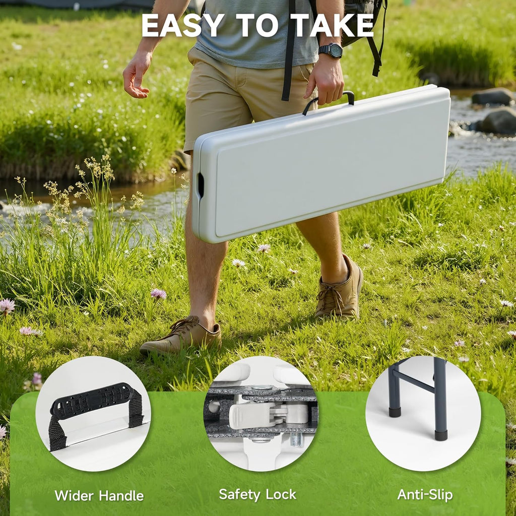 6FT Folding Bench - Heavy Duty 770lbs Capacity, Safety Locking Button & Wider Carrying Handle, Foldable Portable Bench for Outdoor, Picnic, Storage, Camping - White, 2 Pack