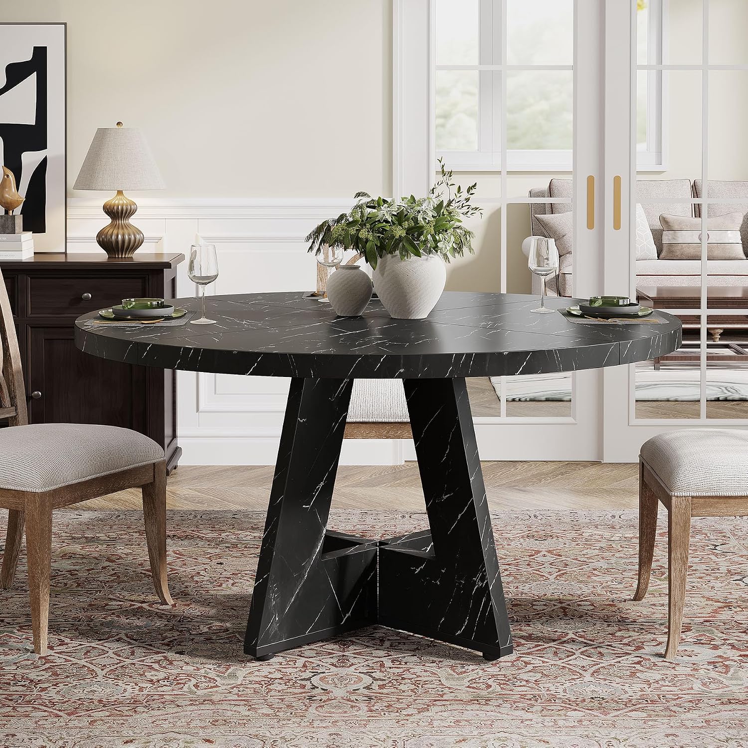 Tribesigns 47 inch Round Dining Table Wood Kitchen Table for Dining Room, 47" Dinner Room Tables for 4-6, Farmhouse Accent Furniture with Wooden Tabletop and Cross Base, Marbled Wood