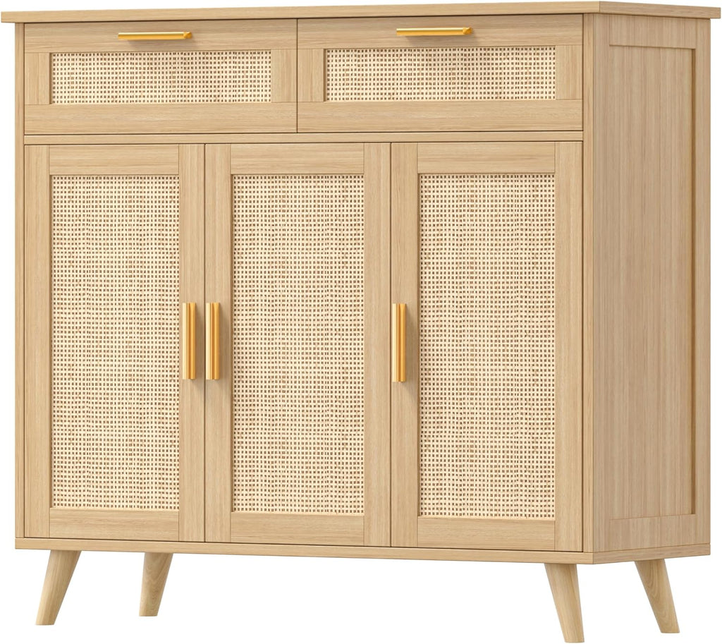 Akxomel Rattan Sideboard Buffet Cabinet with Storage, 35.4" W Buffet Cabinet with 2 Drawers and 3 Doors, Sideboard Storage Cabinet with Adjustable Shelves for Kitchen, Living Room, Natural Oak