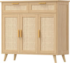 Akxomel Rattan Sideboard Buffet Cabinet with Storage, 35.4" W Buffet Cabinet with 2 Drawers and 3 Doors, Sideboard Storage Cabinet with Adjustable Shelves for Kitchen, Living Room, Natural Oak