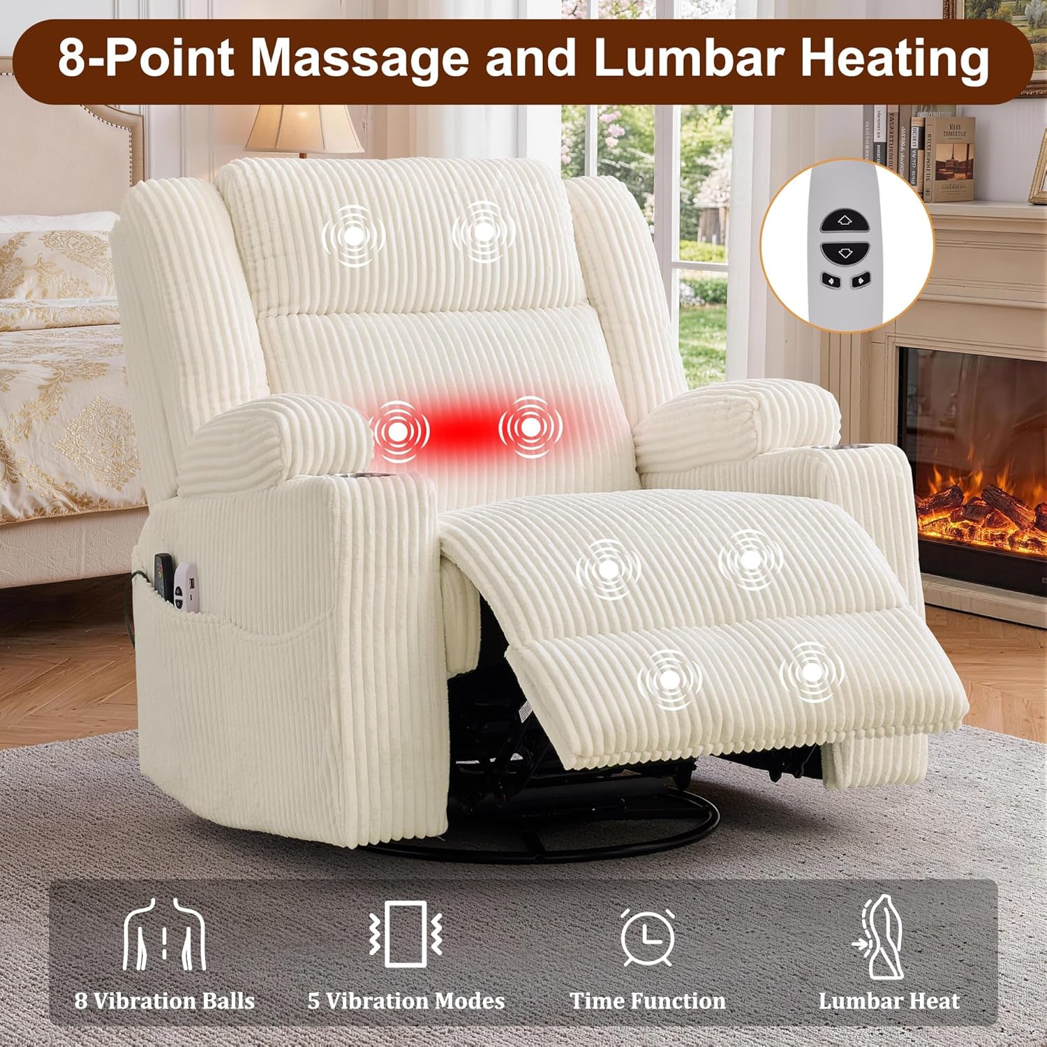 Korser Power Swivel Rocker Recliner with Dual Motor Adjustable Headrest for Adults, Oversized 24" Wide Seat Glider Rocking Chair with Massage & Heat, Corduroy Electric Recliner with USB&Type-C, Beige