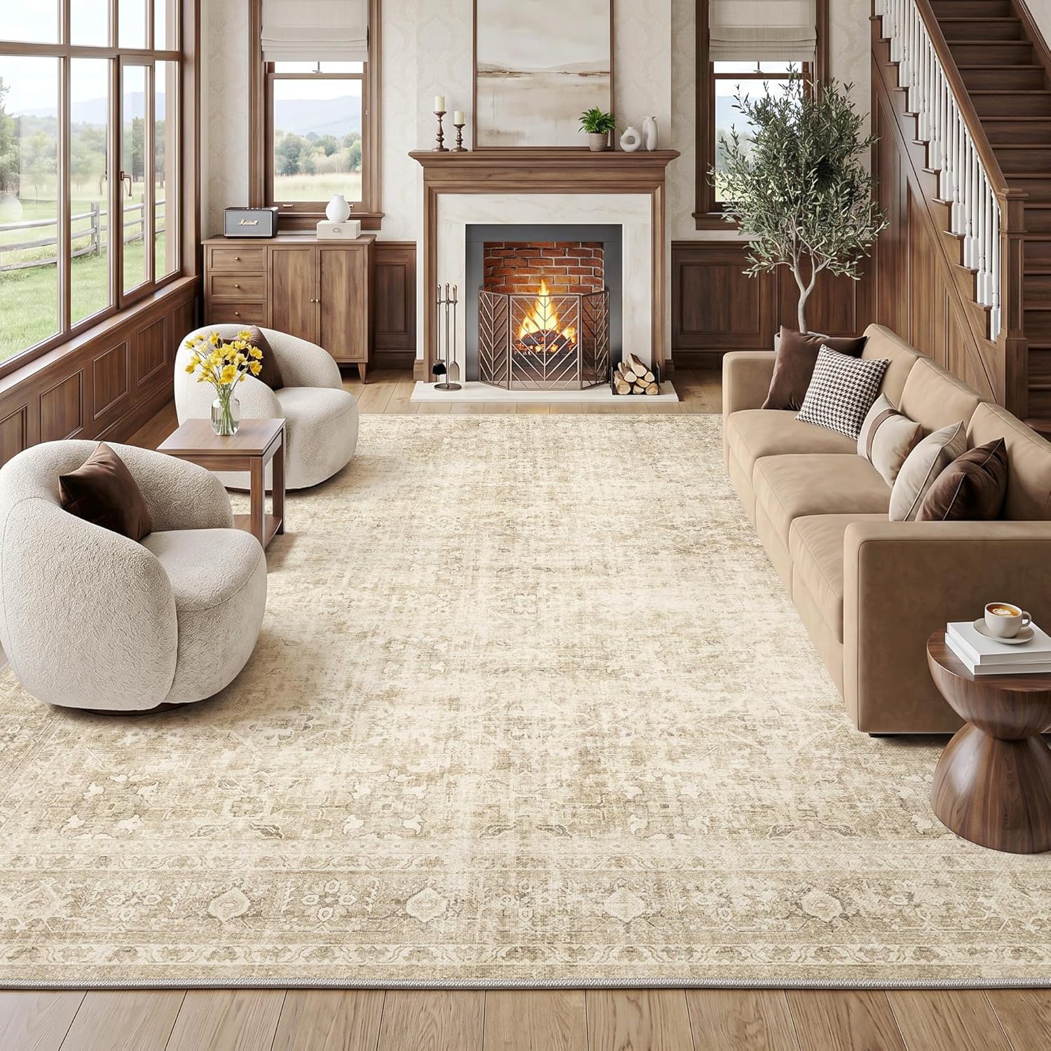 FMFUNCTEX 8x10 Washable Area Rug Beige Neutral Vintage Distressed Oriental Large Non Slip Carpet for Living Room Bedroom Traditional Retro Soft Low Pile Indoor Rugs for Dining Room Office Nursery